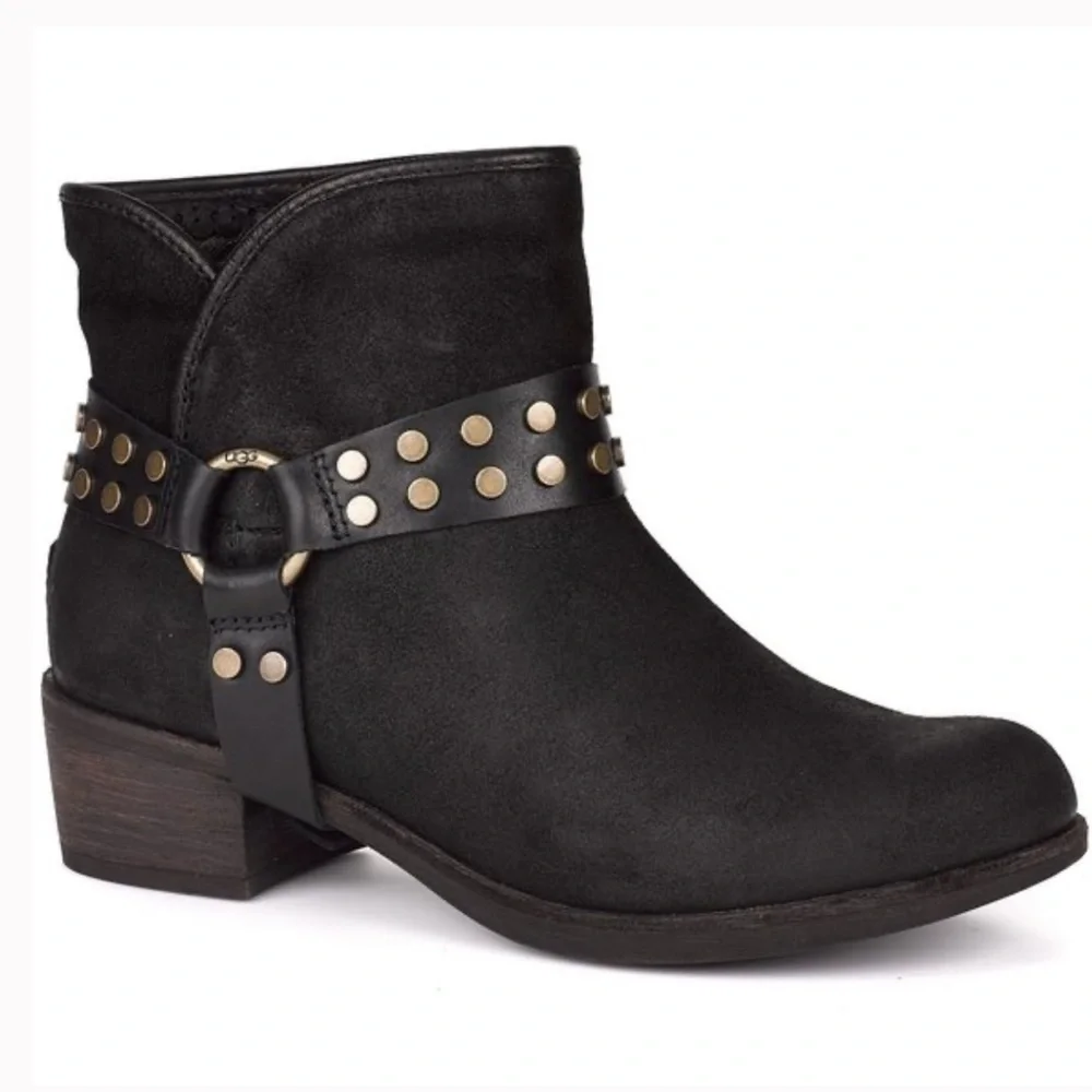UGG Vintage Darling Black Suede Leather Harness Ankle Boots Sz 7